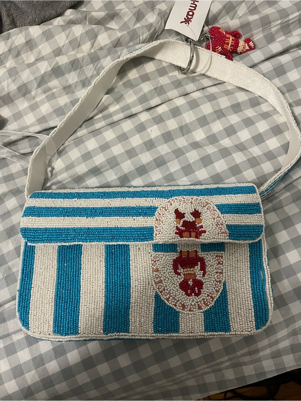 Beaded Blue and White Striped Shoulder Bag with Embellished Medallion